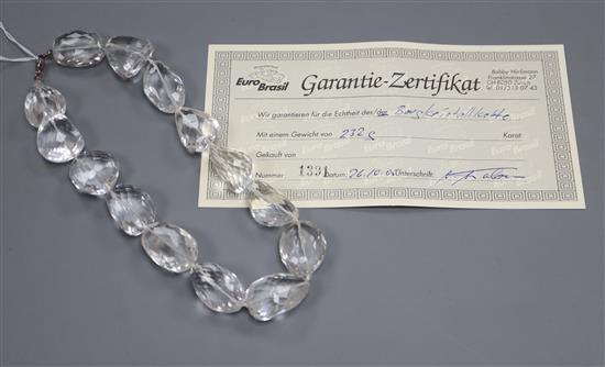 A large assorted shaped facetted rock crystal necklace, with 925 clasp, 44cm.
